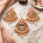 lush Blossom Tikka Set – 3-Piece Peach Chandbali Earrings & Maang Tikka Collection