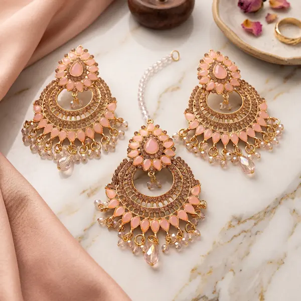 lush Blossom Tikka Set – 3-Piece Peach Chandbali Earrings & Maang Tikka Collection