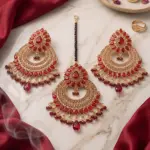 Royal Ruby Blossom Tikka Set – 3-Piece Crimson Chandbali Earrings & Maang Tikka Collection