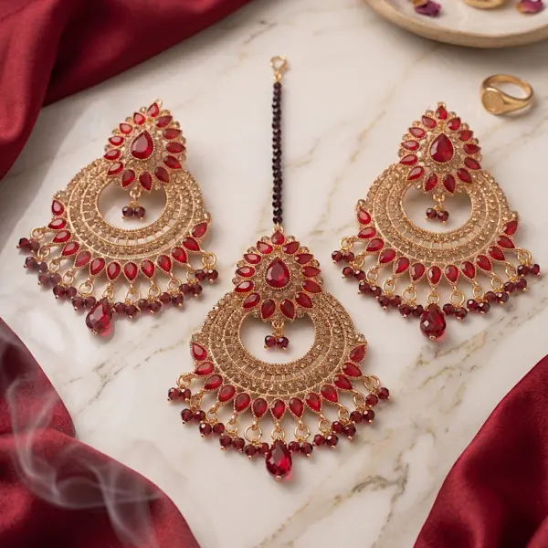 Royal Ruby Blossom Tikka Set – 3-Piece Crimson Chandbali Earrings & Maang Tikka Collection
