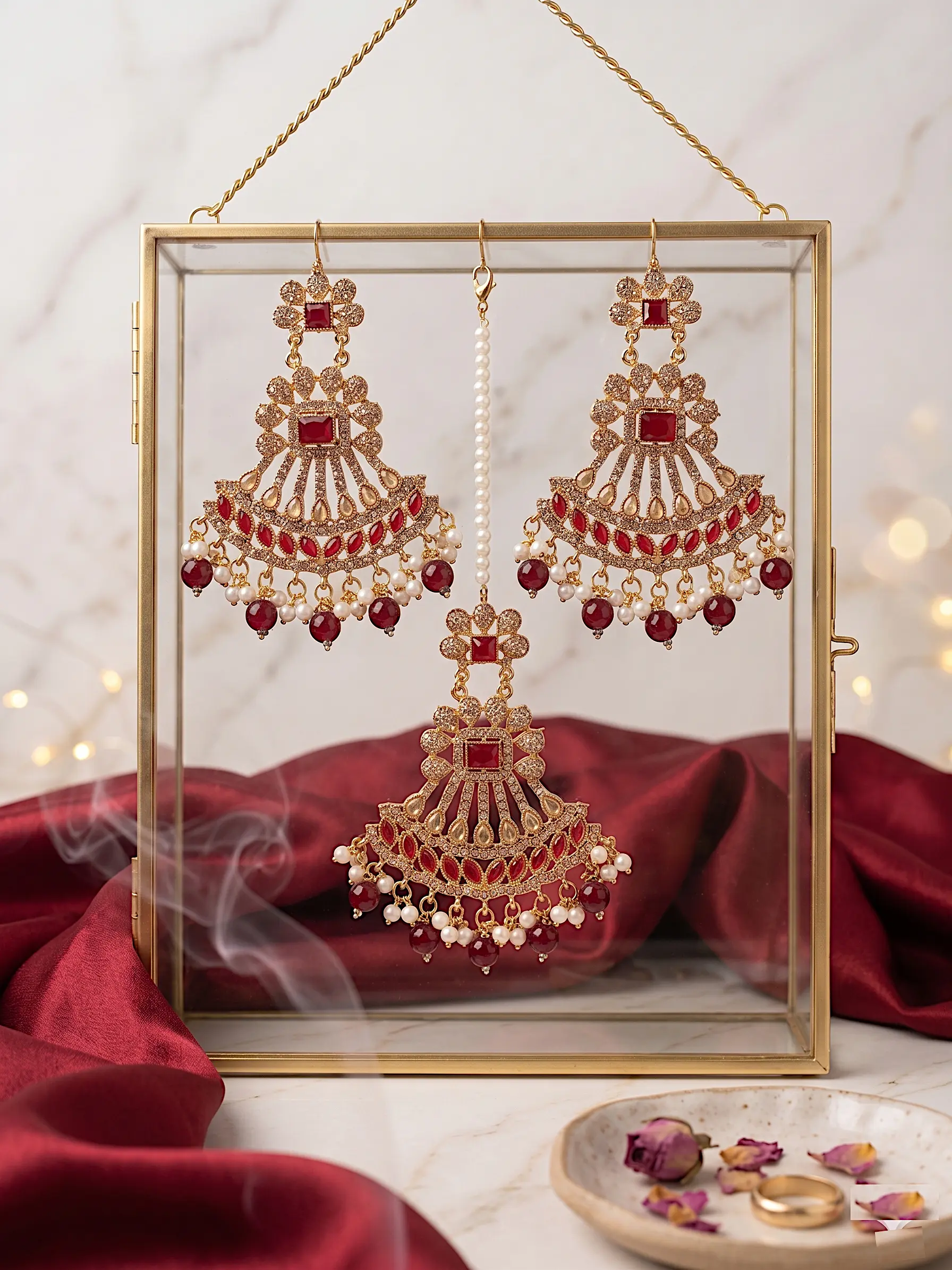 Imperial Fan Tikka Set – 3-Piece Geometric Ruby & Pearl Maang Tikka Collection - Image 2