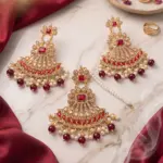 Imperial Fan Tikka Set – 3-Piece Geometric Ruby & Pearl Maang Tikka Collection
