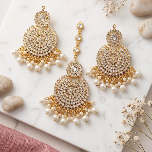 Imperial Mandala Tikka Set – 3-Piece Gold & Crystal Maang Tikka Collection with Pearl Drops