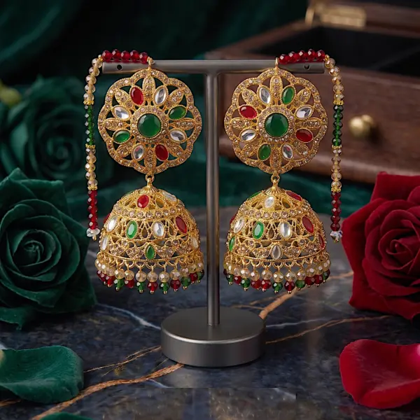 Imperial Multi-Tone Sahara Jhumkas – Oversized Gold Bell Earrings with Beaded Ear Chains