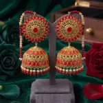 Royal Sunburst Sahara Jhumkas – Oversized Red & Gold Bell Earrings with Beaded Ear Chains