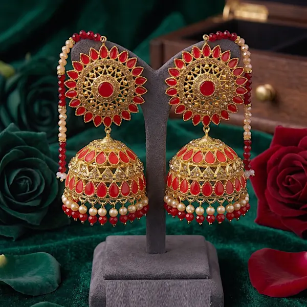 Royal Sunburst Sahara Jhumkas – Oversized Red & Gold Bell Earrings with Beaded Ear Chains