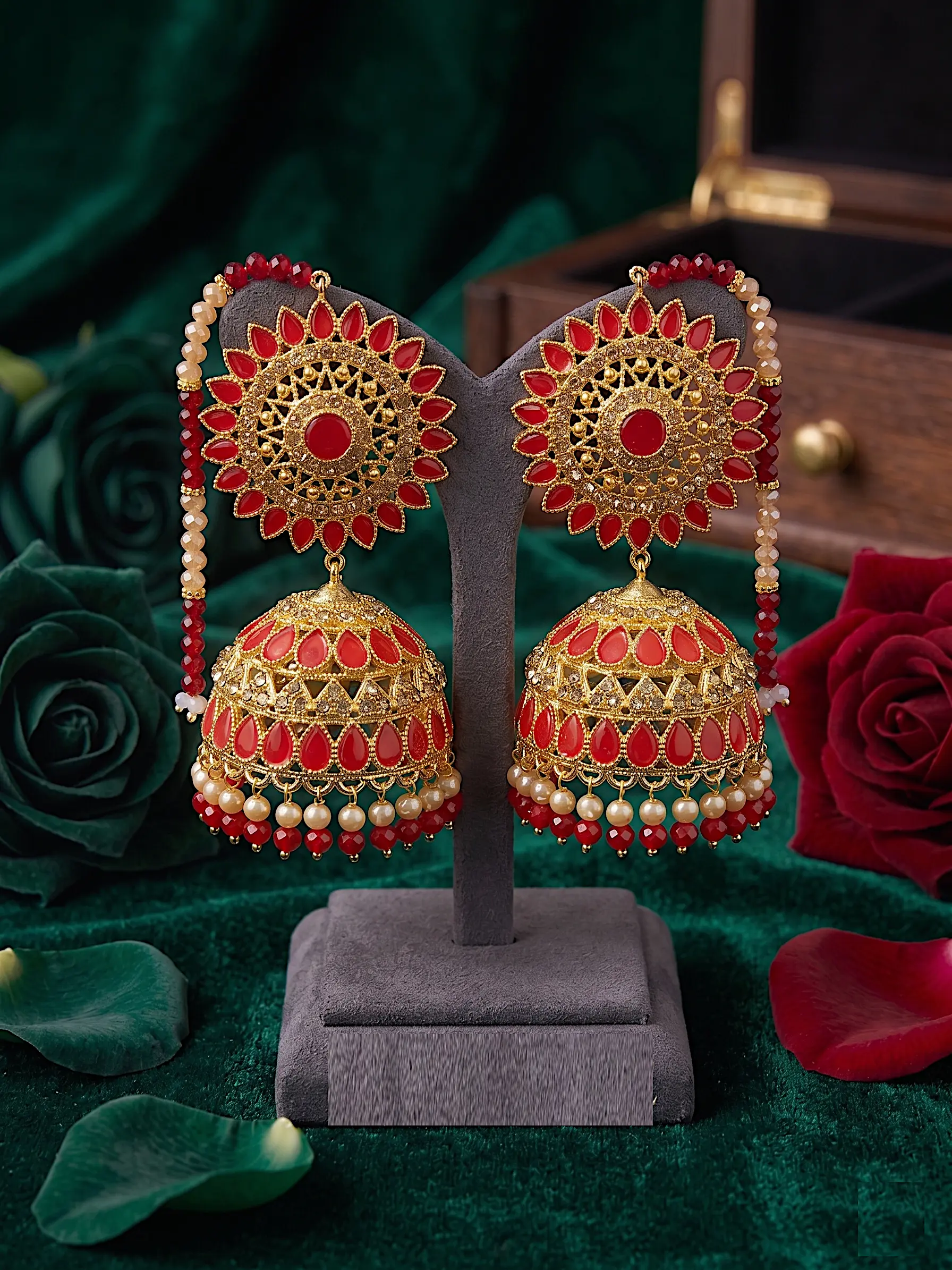 Royal Sunburst Sahara Jhumkas – Oversized Red & Gold Bell Earrings with Beaded Ear Chains