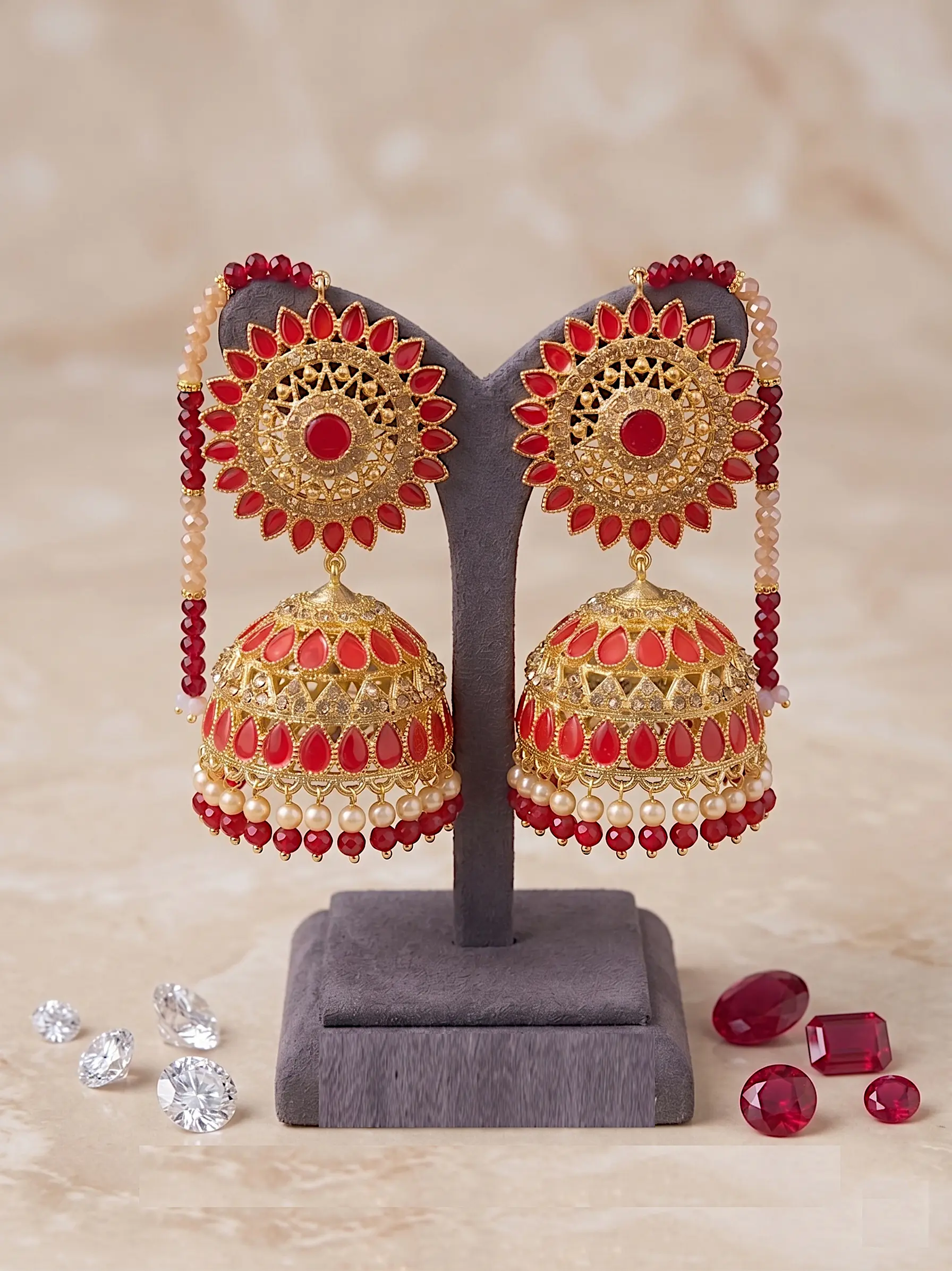 Royal Sunburst Sahara Jhumkas – Oversized Red & Gold Bell Earrings with Beaded Ear Chains - Image 2