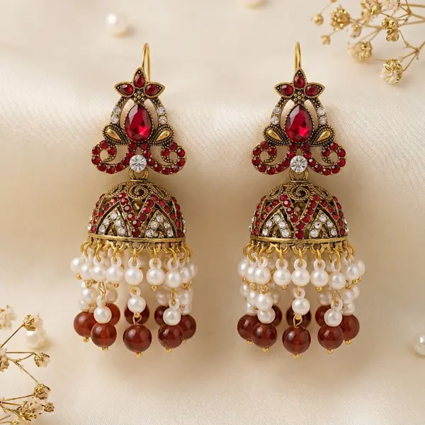 Imperial Floral Jhumkas – Traditional Filigree Drop Earrings - MAROON