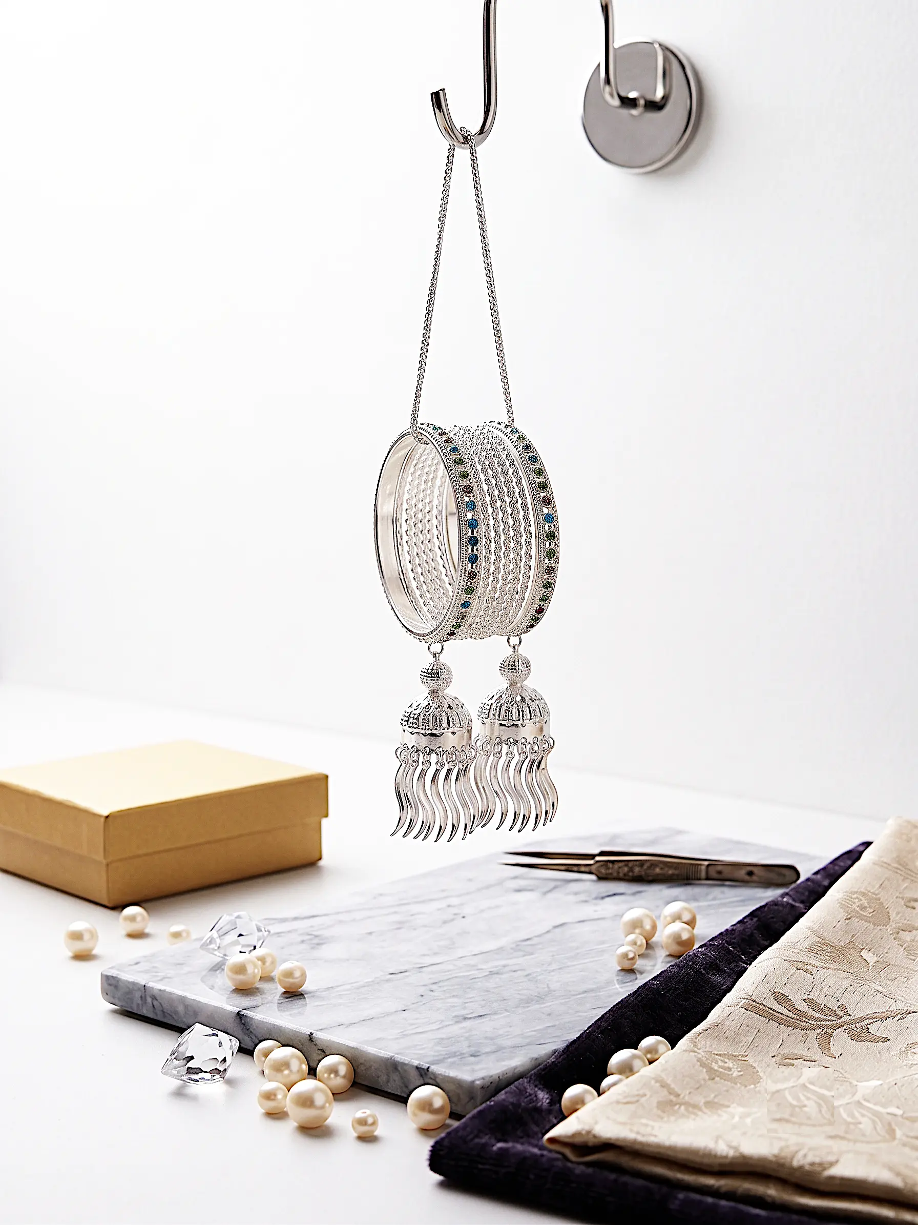 Celestial Jhumki Bangle Stack – Silver-Finish Multi-Stone Chuda Set with Hanging Charms - Image 4