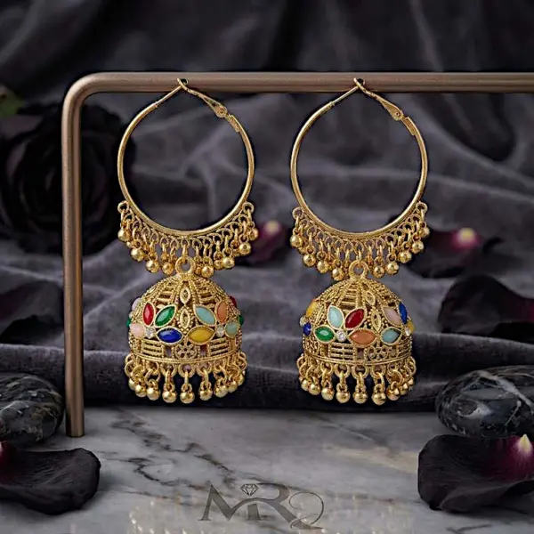 Solaris Hoop Jhumkas – Large Gold Halo Earrings with Multi Color Stones