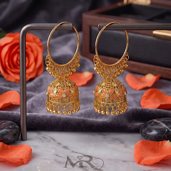 Solaris Hoop Jhumkas – Large Gold Halo Earrings with Peach Color Stones