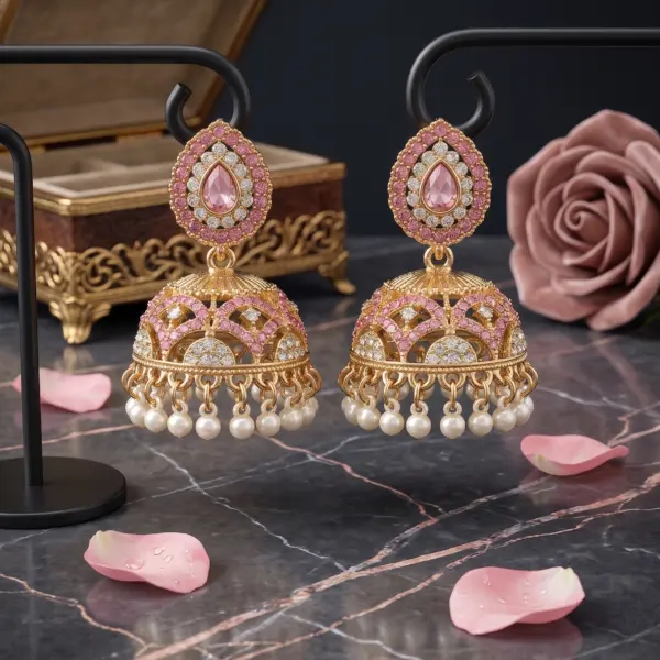 Kaleidoscope Heritage Jhumkas – Multi-Stone Gold Filigree Earrings with Pearl Drops
