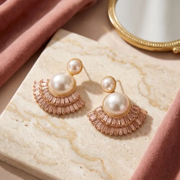 Art Deco Fan Pearl Studs – Tiered Baguette Sunburst Earrings