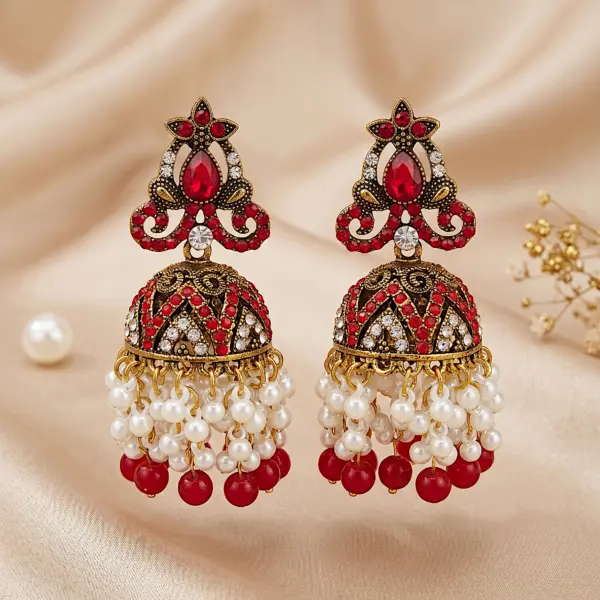 Imperial Floral Jhumkas – Traditional Filigree Drop Earrings - RED