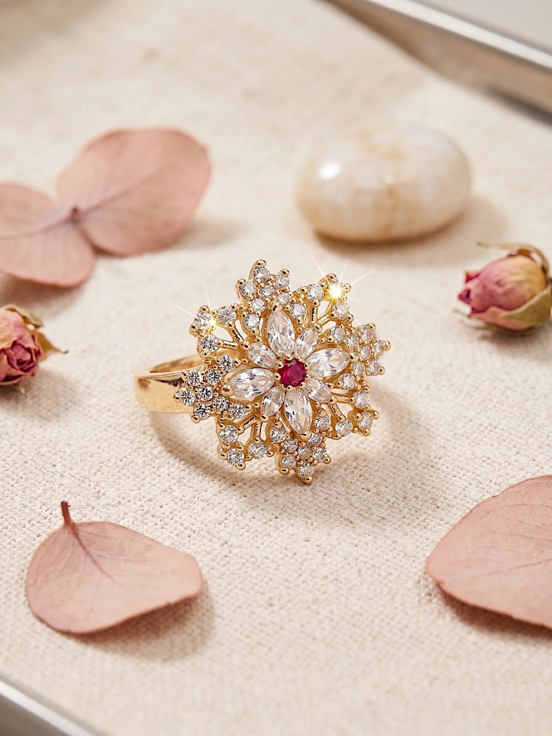 Vintage Snowflake Bloom Statement Ring – Adjustable Band