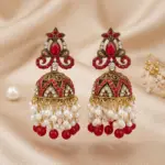 Imperial Floral Jhumkas – Traditional Filigree Drop Earrings with Pearl & Bead Fringe