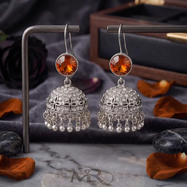 Antique Moon-Glaze Jhumkas – Oxidized Silver Bell Earrings - RED
