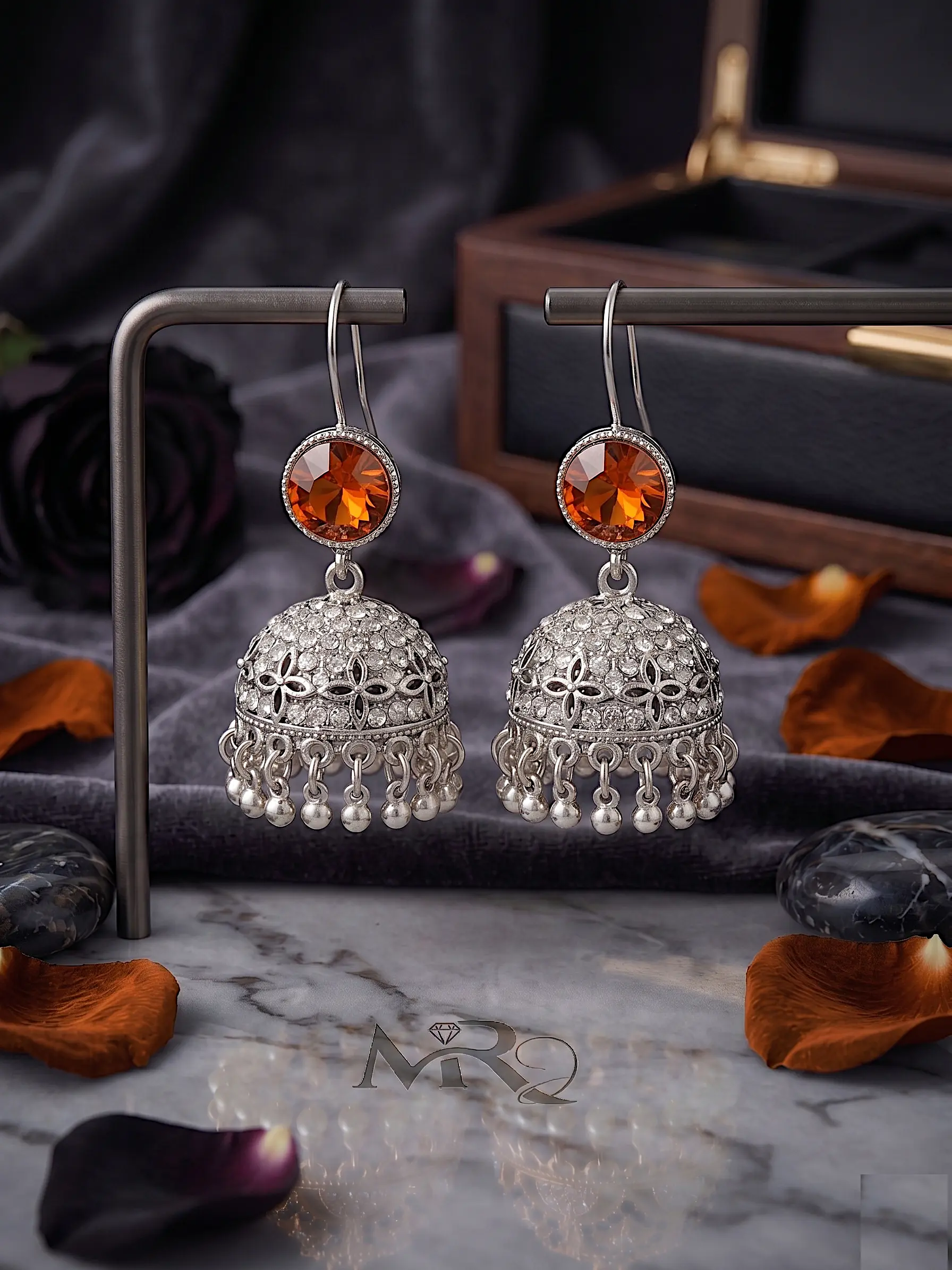 Antique Moon-Glaze Jhumkas – Oxidized Silver Bell Earrings - Image 6