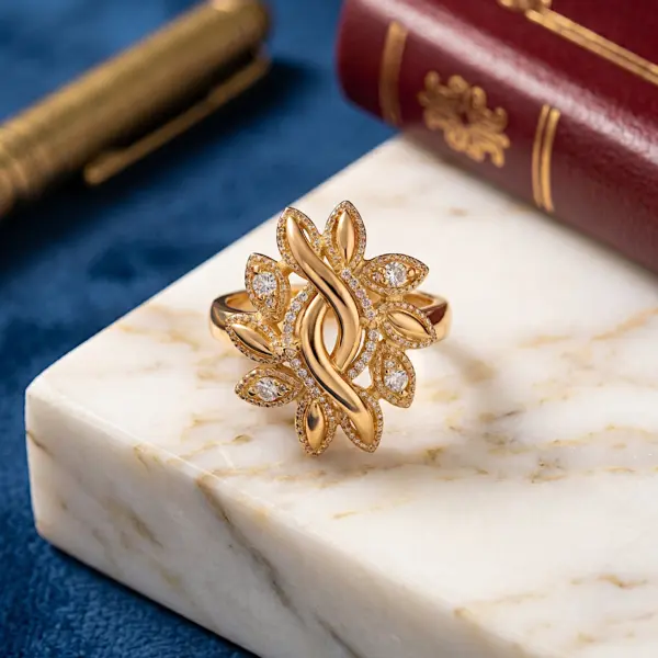 Empress Eternal Leaf Statement Ring – 18K Gold Plated with Zirconia Accents