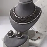 Antique Mirror Choker Set – Oxidized Silver Mesh Necklace with Matching Studs & Pearl Accents