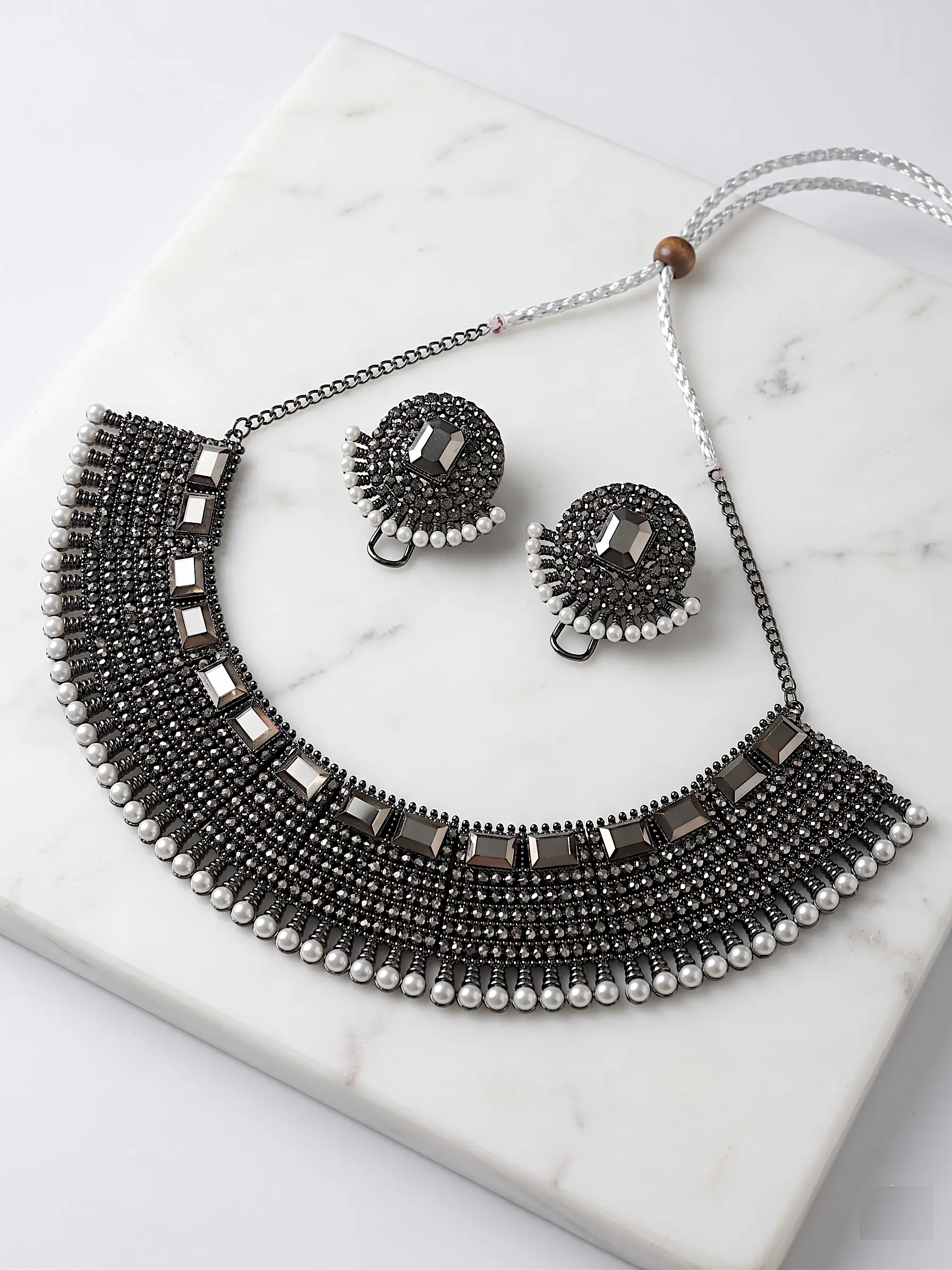 Antique Mirror Choker Set – Oxidized Silver Mesh Necklace with Matching Studs & Pearl Accents - Image 2