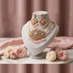 Blush Peony Pearl Choker Set – 3-Piece Floral Medallion Necklace & Drop Earrings Collection
