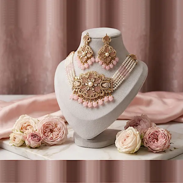 Blush Peony Pearl Choker Set – 3-Piece Floral Medallion Necklace & Drop Earrings Collection