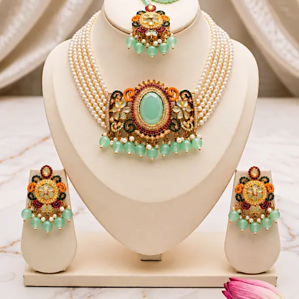 Mint Meadow Heritage Choker Set – 4-Piece Pastel Green & Pearl Jewelry Collection