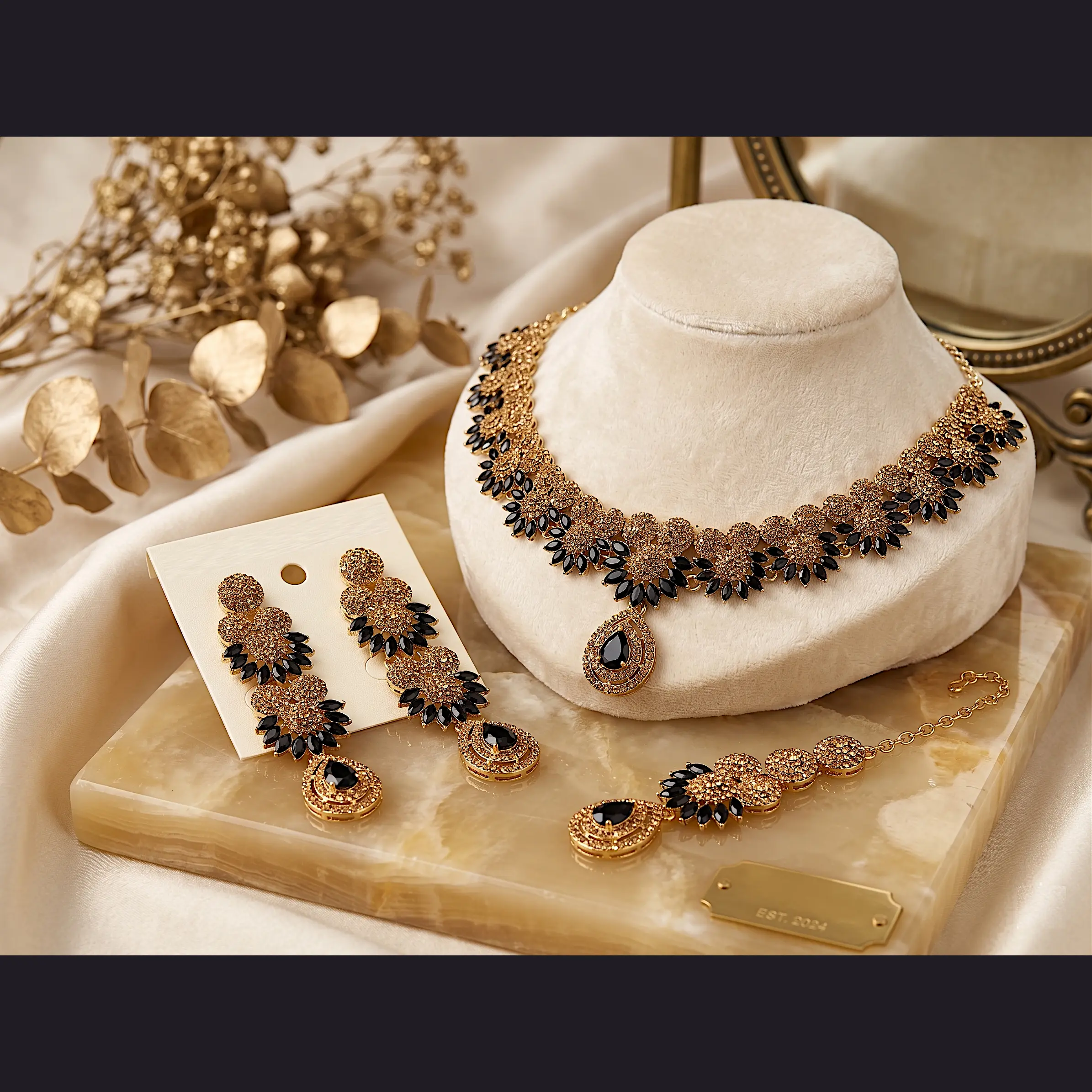 Midnight Onyx Floral Necklace Set – 3-Piece Gold & Black Crystal Statement Collection