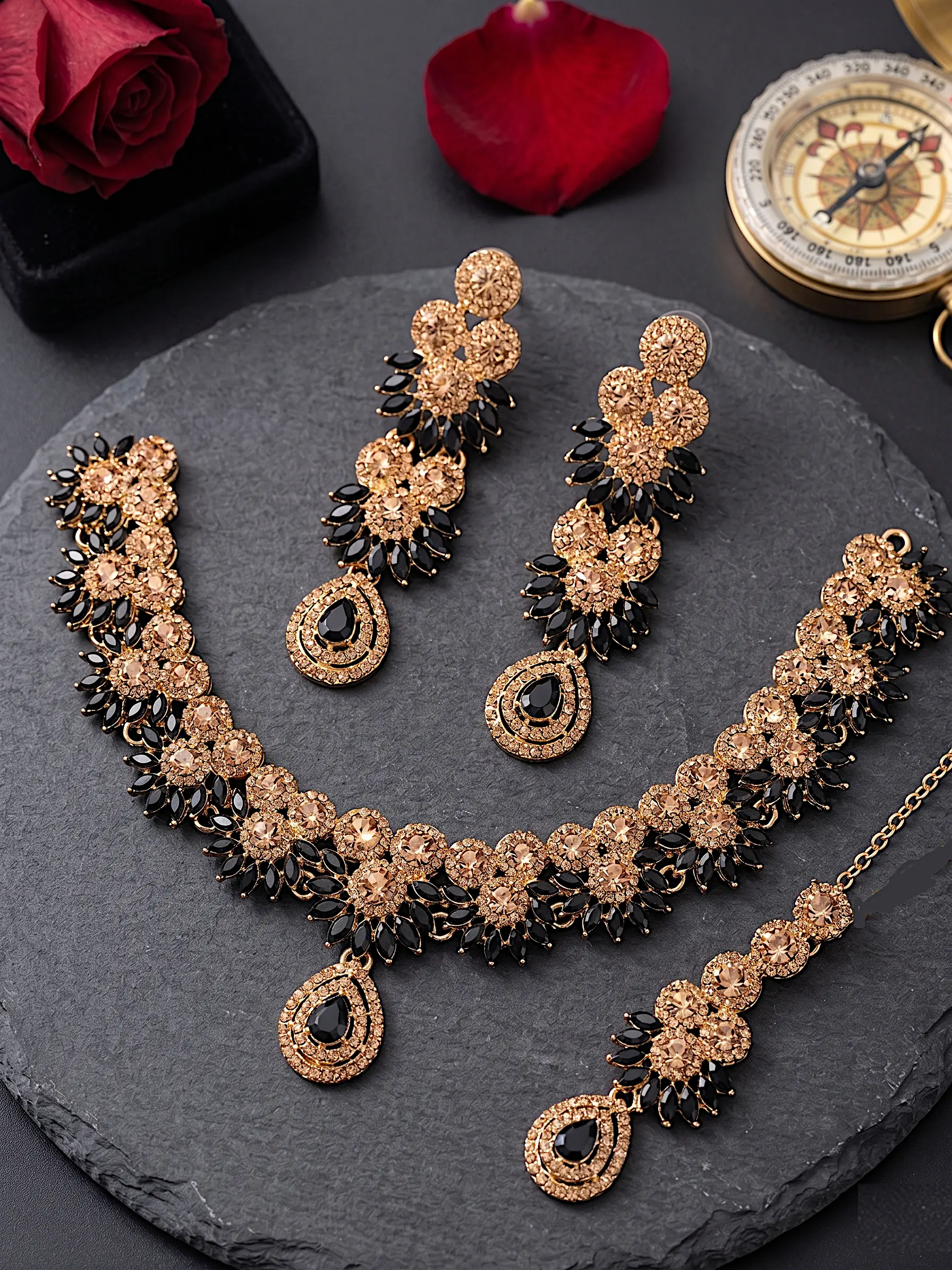 Midnight Onyx Floral Necklace Set – 3-Piece Gold & Black Crystal Statement Collection - Image 2