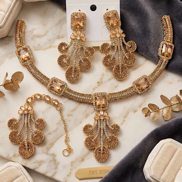 Amber Sunburst Choker Set – 3 Piece Honey Gold Geometric Necklace & Earring Collection