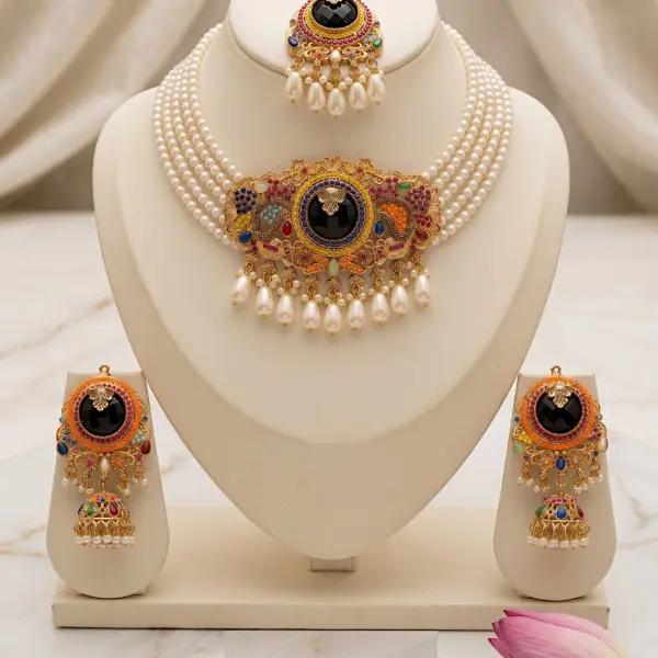 Obsidian Heritage Choker Set – 3 Piece Multi Stone Navratna & Pearl Collection