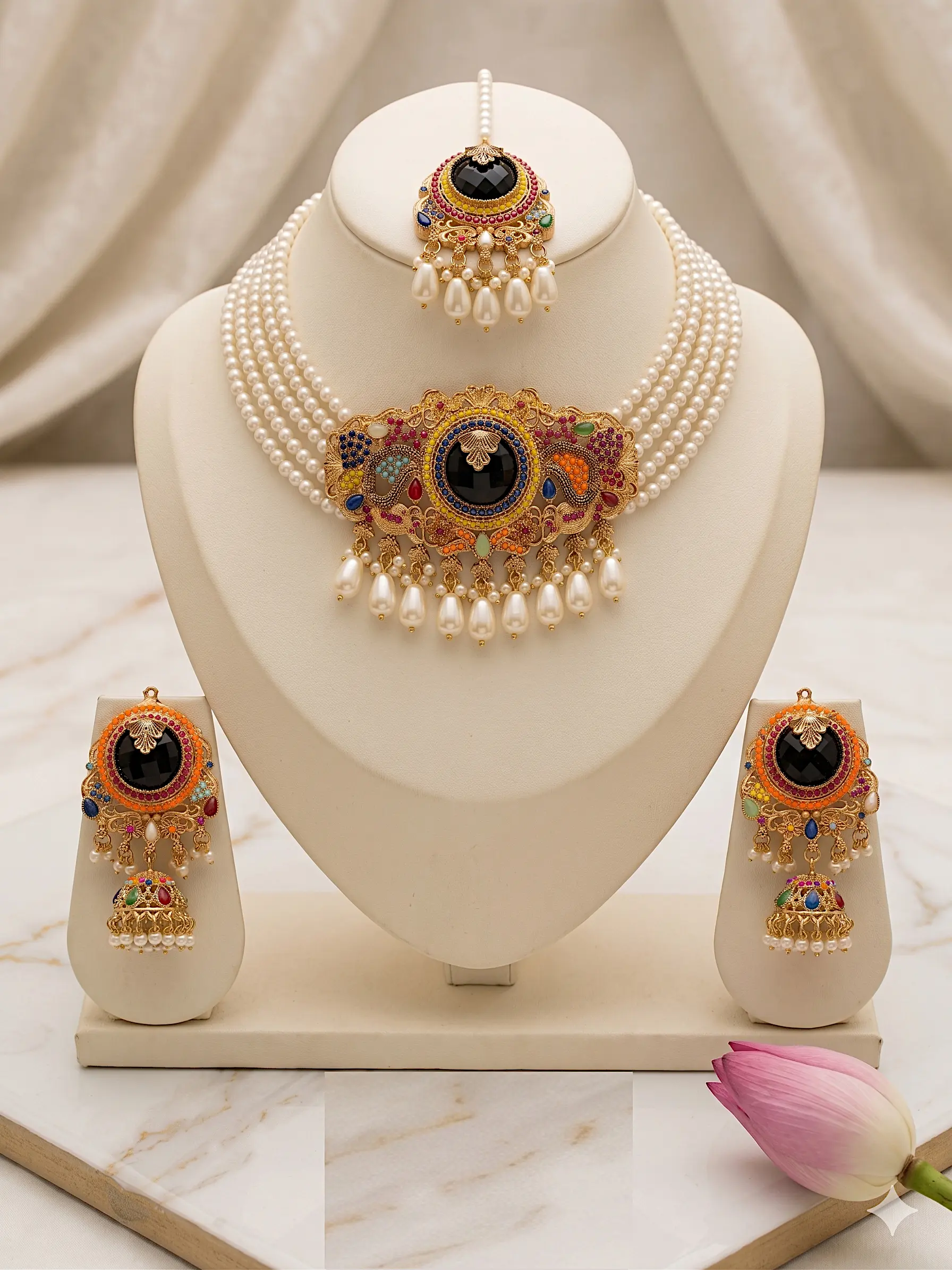 Obsidian Heritage Choker Set – 3 Piece Multi Stone Navratna & Pearl Collection