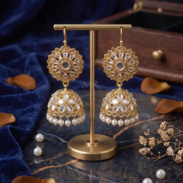 Royal Pearl-Drop Jhumkas – Gold Filigree Bell Earrings with White Kundan Accents