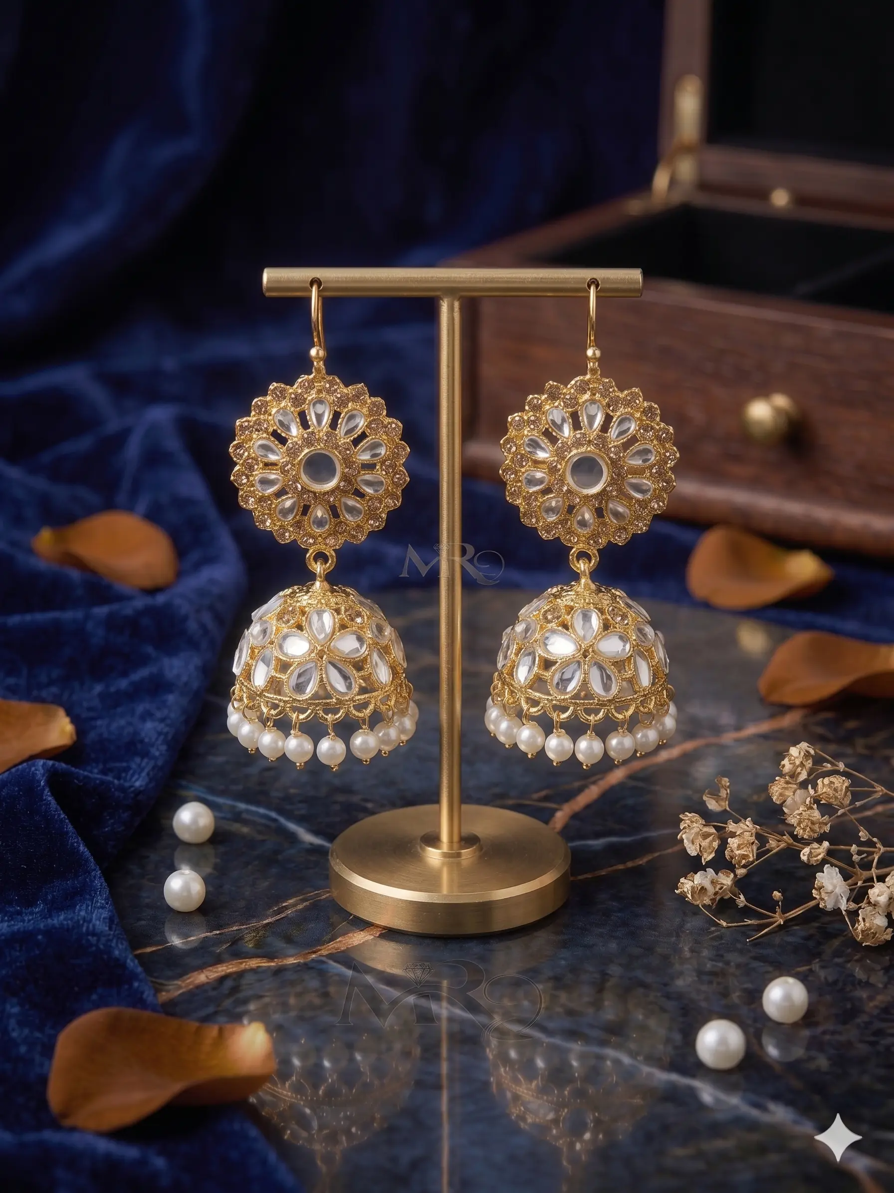 Royal Pearl-Drop Jhumkas – Gold Filigree Bell Earrings with White Kundan Accents