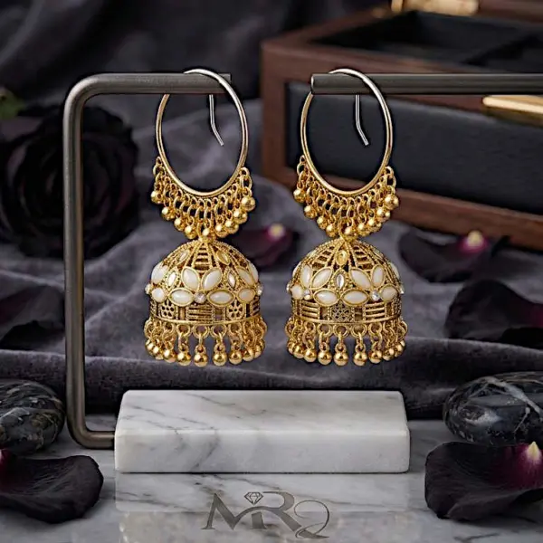Solaris Hoop Jhumkas – Large Gold Halo Earrings with White Color Stones