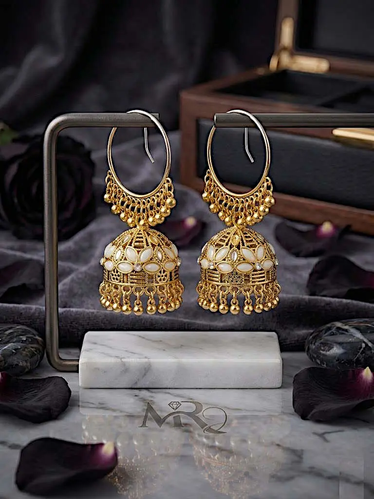 Solaris Hoop Jhumkas – Large Gold Halo Earrings with White Color Stones