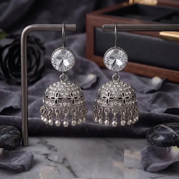 Antique Moon-Glaze Jhumkas – Oxidized Silver Bell Earrings