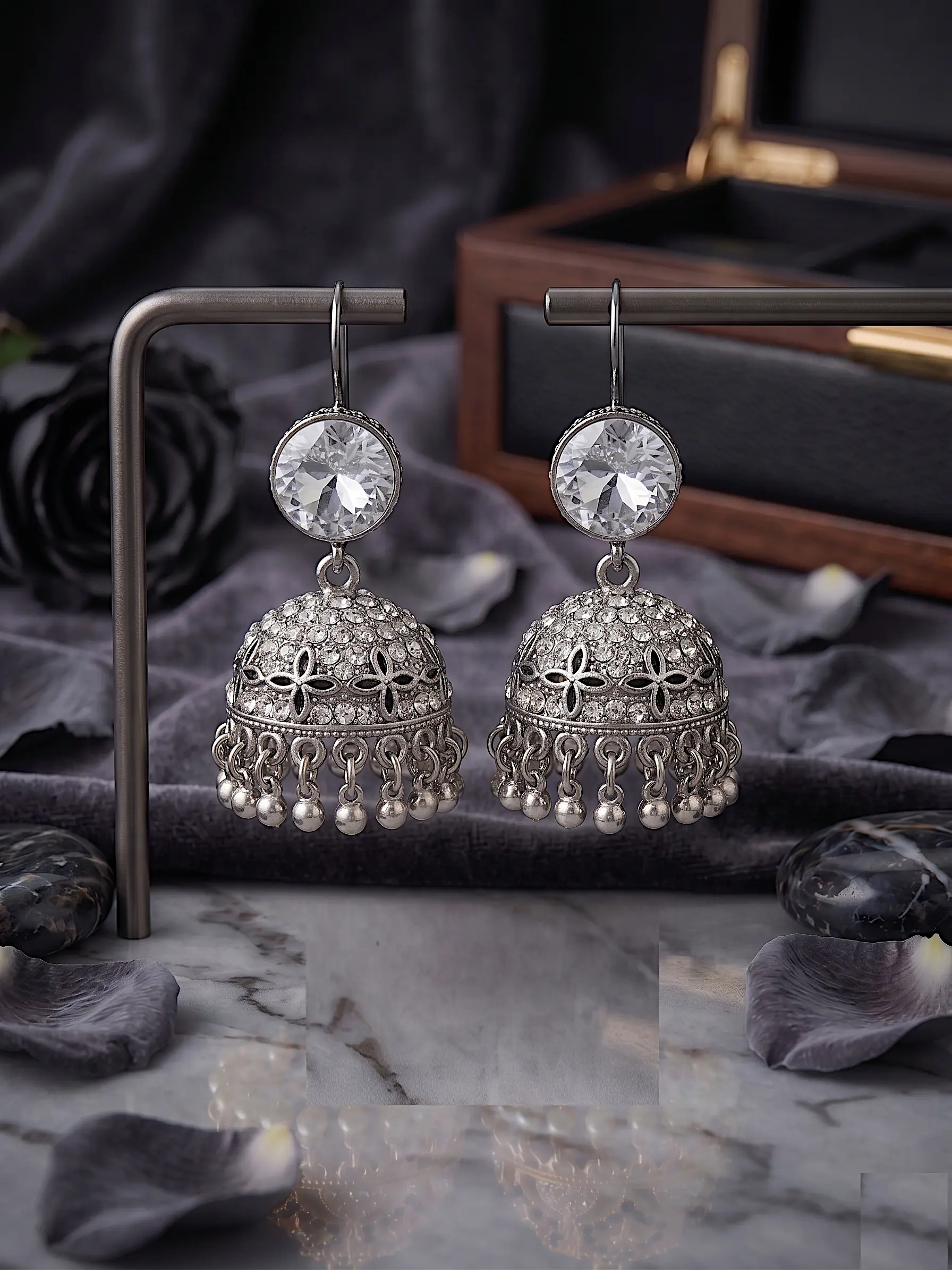 Antique Moon-Glaze Jhumkas – Oxidized Silver Bell Earrings