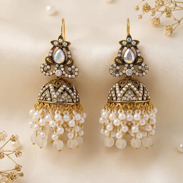 Imperial Floral Jhumkas – Traditional Filigree Drop Earrings with Pearl & Bead Fringe