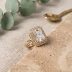 Radiant Sovereign Double Halo Ring – Emerald-Cut White- Adjustable Size