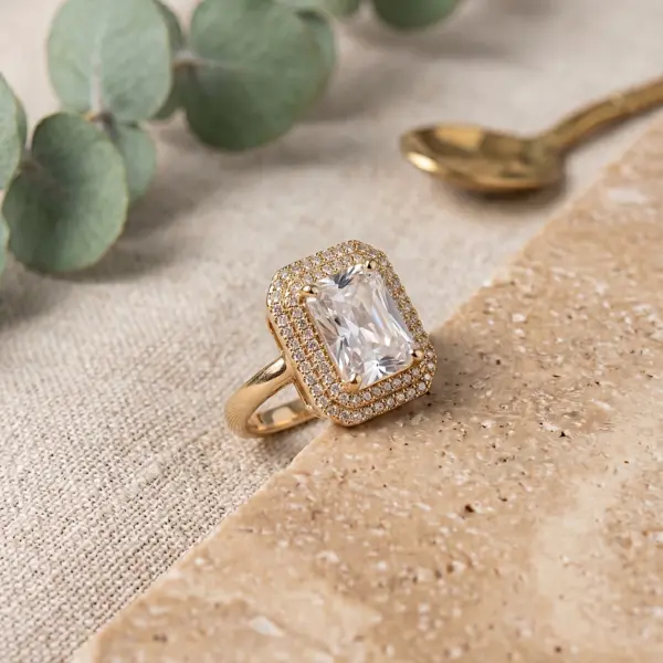 Radiant Sovereign Double Halo Ring – Emerald-Cut White- Adjustable Size