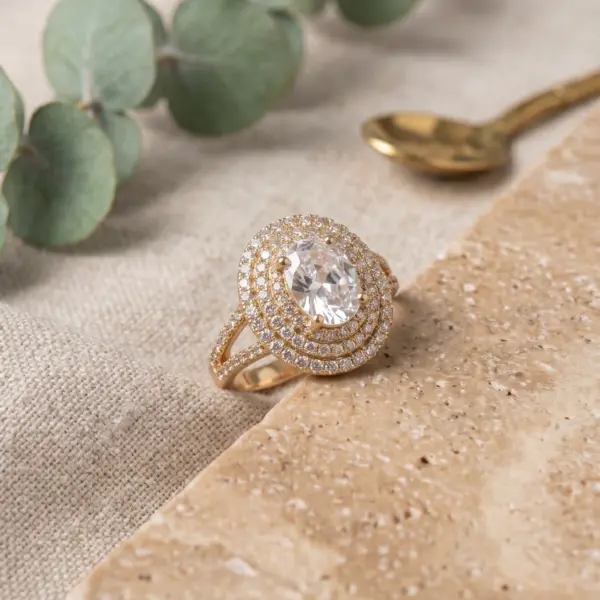 Grand Majestic Triple Halo Oval Ring – White Adjustable Size