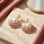 Art Deco Fan Pearl Studs – Tiered Baguette Sunburst Earrings - PINK