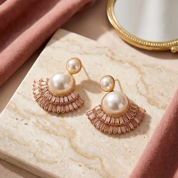 Art Deco Fan Pearl Studs – Tiered Baguette Sunburst Earrings - PINK