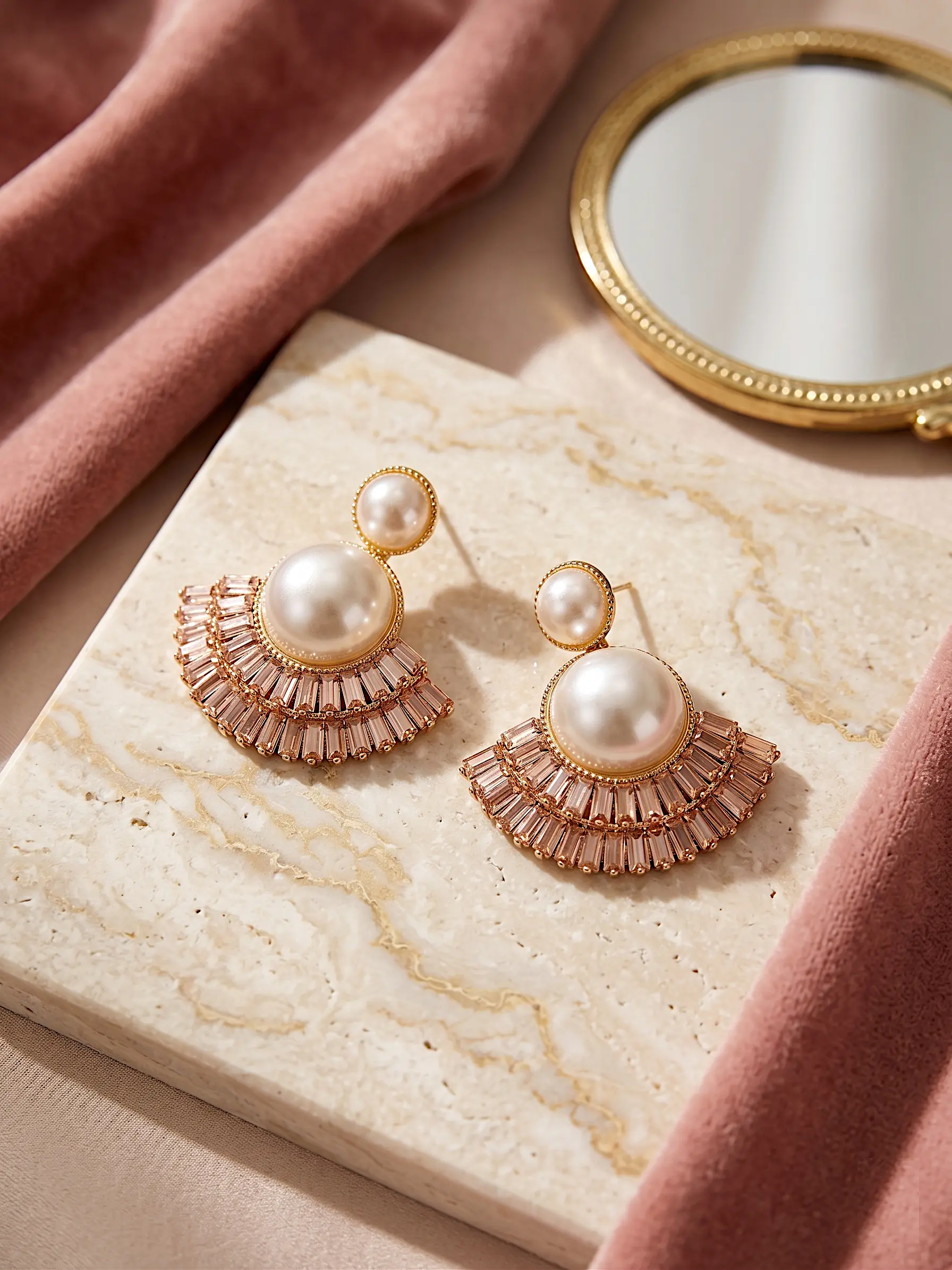 Art Deco Fan Pearl Studs – Tiered Baguette Sunburst Earrings - PINK