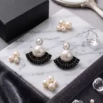 Art Deco Fan Pearl Studs – Tiered Baguette Sunburst Earrings - BLACK