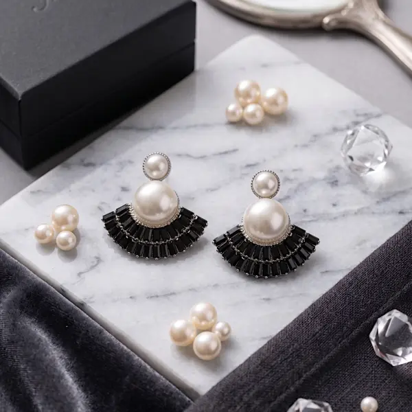 Art Deco Fan Pearl Studs – Tiered Baguette Sunburst Earrings - BLACK