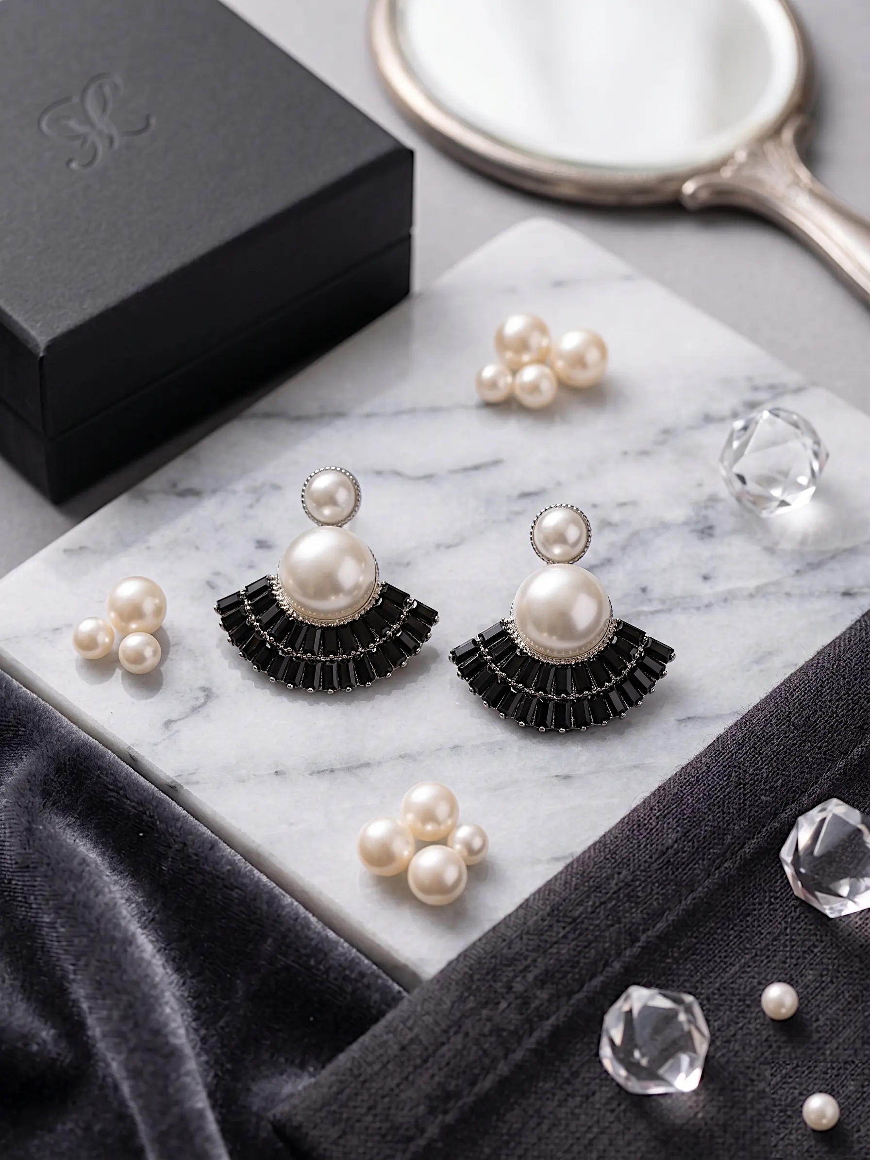 Art Deco Fan Pearl Studs – Tiered Baguette Sunburst Earrings - BLACK